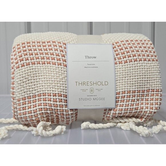 Threshold Orange & Cream Border Stripe w/ Tassels Sofa Throw Blanket 50" x 60" - Picture 2 of 6